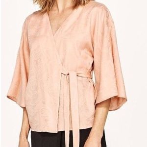 Kimono Wrap Tie Bell Sleeve Brocade Blouse Jacket